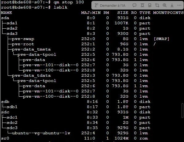 qm stop et lsblk sur Proxmox