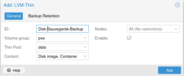 Add LVM-Thin Disk-Sauvegarde-Backup