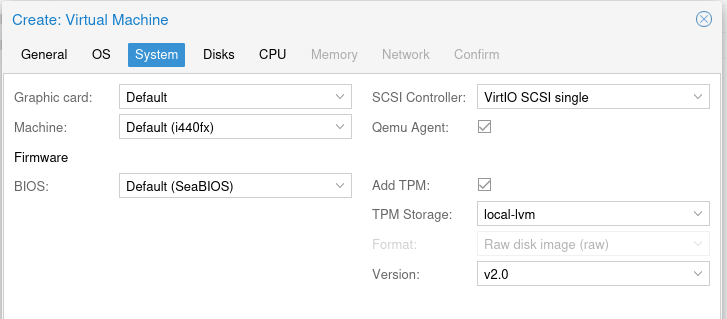 VM System — VirtIO SCSI, TPM v2.0, SeaBIOS