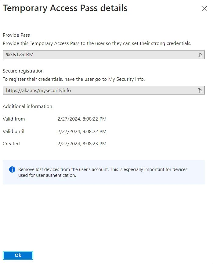 Temporary Access Pass details