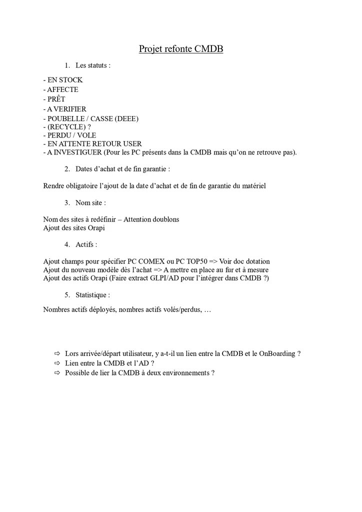 Projet refonte CMDB — statuts et axes d'amélioration